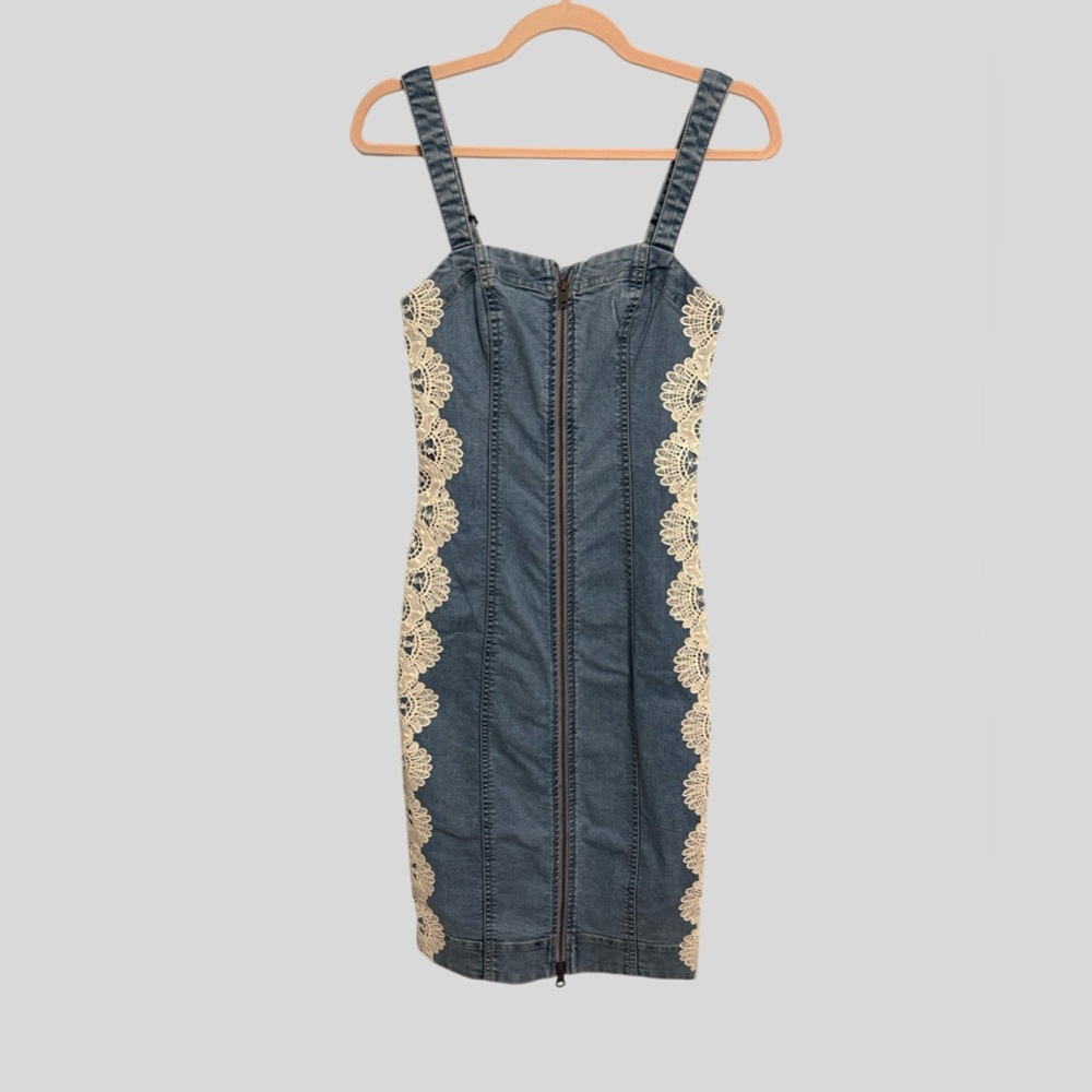 Ramy Brook Denim Lace Midi Dress NWT Zip Front Cotton Blend Size 00